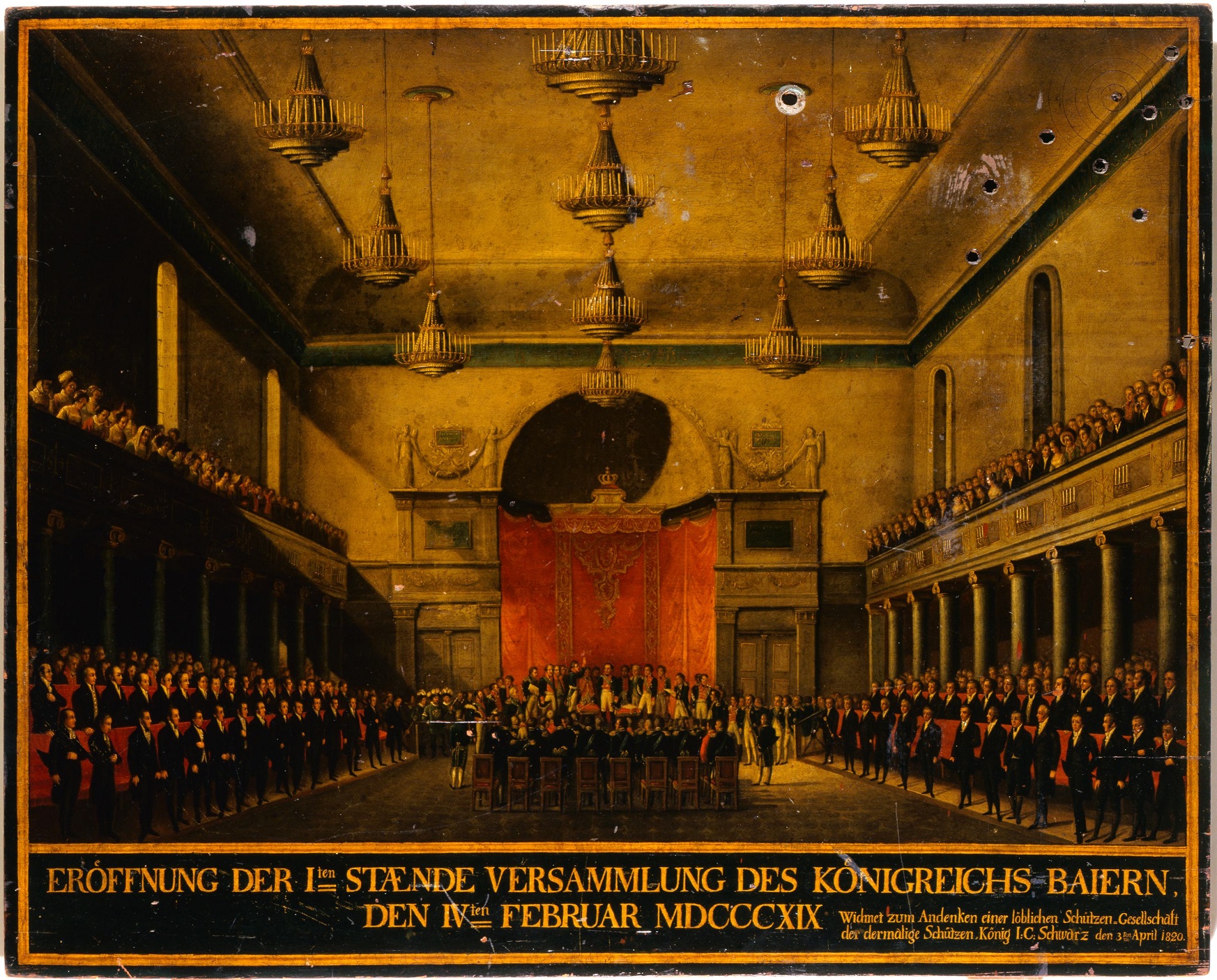 Auf einer Schützenscheibe ist die erste Ständeversammlung Bayerns im Jahre 1819 dargestellt.
