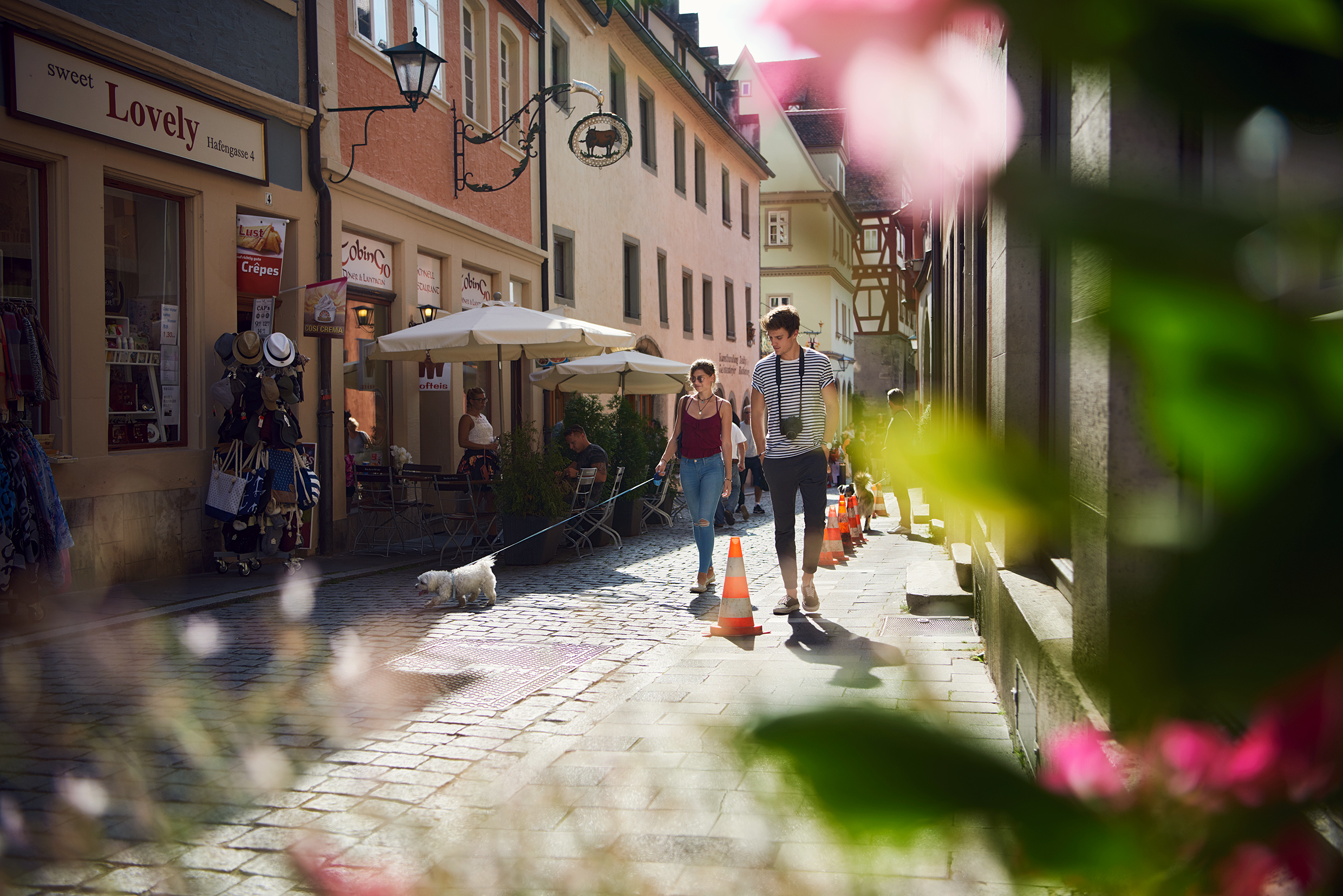 Junges Pärchen spaziert mit Hund durch Altstadt Rothenburg